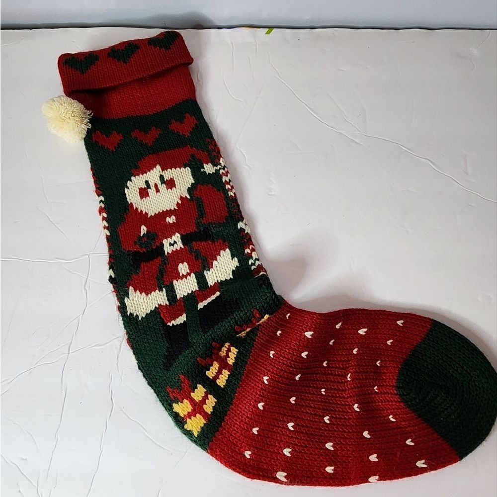 New Vintage Acrylic Knit Christmas Stocking Sock Santa Pom Pom 25”